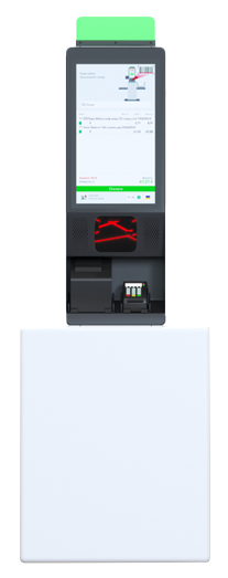 Selvbetjeningskasse med scanner og touchskærm.